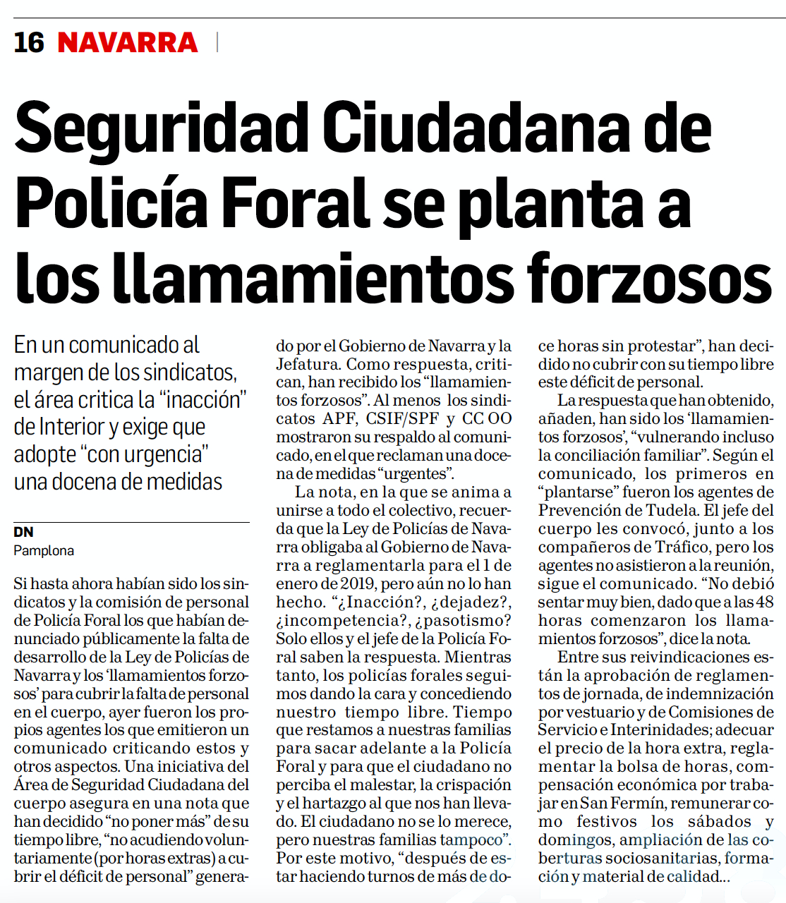 Noticia publicada por el Diario de Navarra sobre Policias de Navarra