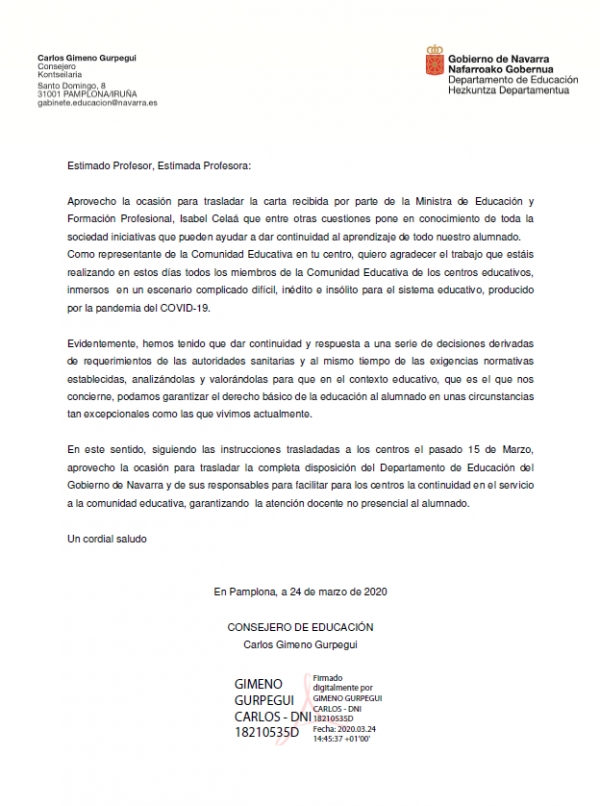 El Consejero de Educación de Navarra remite carta al profesorado de la Comunidad Foral.